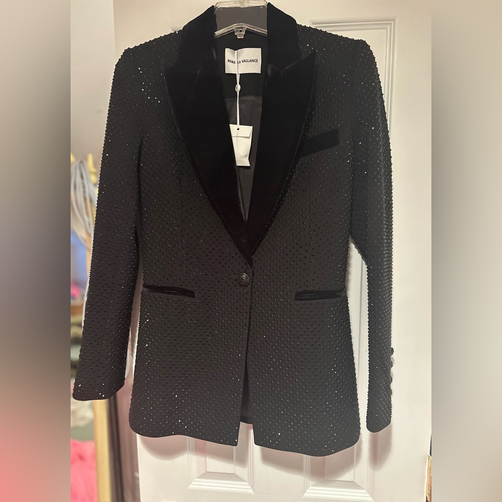 Rebecca Vallance Priscilla velvet-trimmed Crystal-embellished crepe blazer NWT